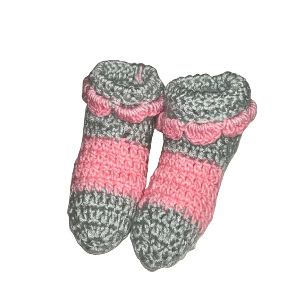 Handmade Crochet Baby Booties/hat– Pink & Sage Green | Soft 3–6 Month Baby Shoes - Picture 5 of 5